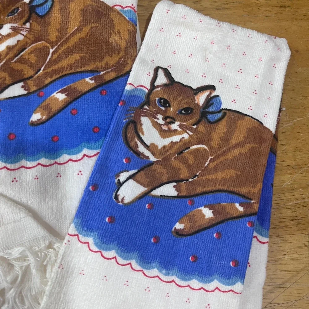 Vtg American Pacific Ginger Tabby Cat‎ Hand Towels Set 2 Fringe Cottagecore